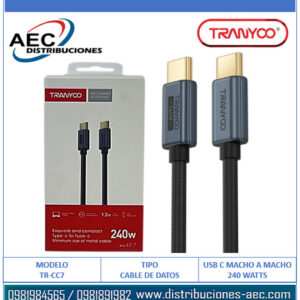 CABLE DE DATOS TRENZADO TIPO C MACHO A TIPO C MACHO 1.20M TRANYOO