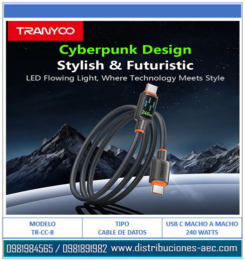 CABLE DE DATOS TRENZADO TIPO C MACHO A TIPO C MACHO 1.20M TRANYOO 240 WATTS CON PANTALLA - Imagen 2