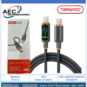 CABLE DE DATOS TRENZADO TIPO C MACHO A TIPO C MACHO 1.20M TRANYOO 240 WATTS CON PANTALLA