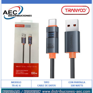 CABLE DE DATOS TRENZADO TIPO C MACHO A USB MACHO 1.20M TRANYOO 100 WATTS CON PANTALLA