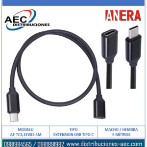 CABLE DE EXTENSION USB TIPO C 3.1 MACHO A HEMBRA 5M ANERA