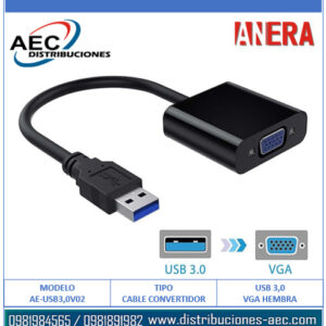 CABLE CONVERTIDOR USB 3.0 A VGA HEMBRA 1080P ANERA