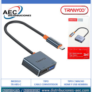 CABLE CONVERTIDOR TIPO C MACHO A USB 3.0 Y HDMI HEMBRA 1080P TRANYOO