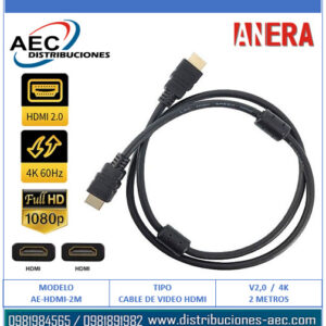 CABLE HDMI MACHO A HDMI MACHO V2.0 FULL HD 4K 2 METROS ANERA