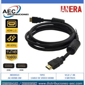 CABLE HDMI MACHO A HDMI MACHO V2.0 FULL HD 4K 3 METROS ANERA