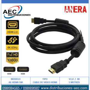 CABLE HDMI MACHO A HDMI MACHO V2.0 FULL HD 4K 5 METROS ANERA