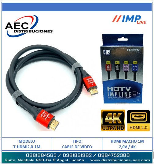 CABLE HDMI MACHO A MACHO V2.0 4K FULL HD PUNTAS ROJAS 1 METRO