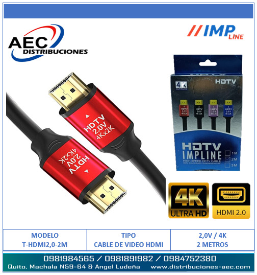 CABLE HDMI MACHO A MACHO V2.0 4K FULL HD PUNTAS ROJAS 2 METROS - Imagen 2