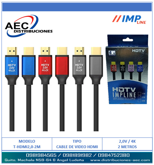 CABLE HDMI MACHO A MACHO V2.0 4K FULL HD PUNTAS ROJAS 2 METROS - Imagen 3
