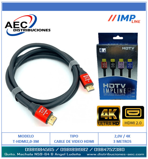 CABLE HDMI MACHO A MACHO V2.0 4K FULL HD PUNTAS ROJAS 3 METROS