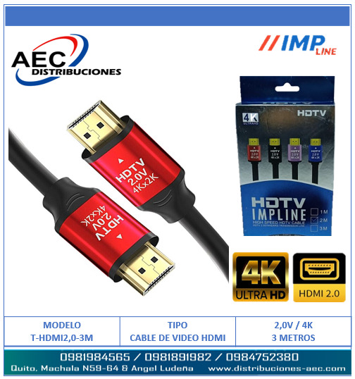CABLE HDMI MACHO A MACHO V2.0 4K FULL HD PUNTAS ROJAS 3 METROS - Imagen 2