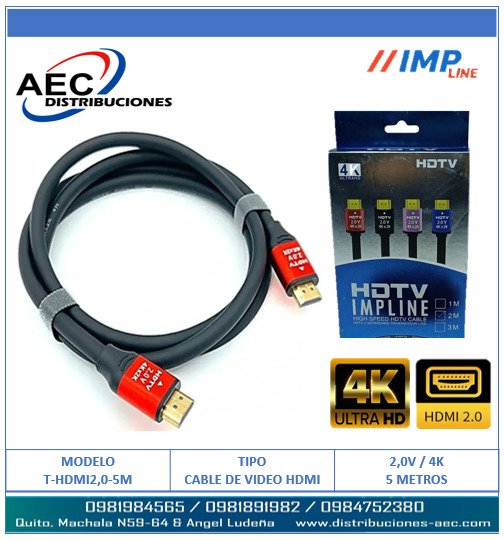 CABLE HDMI MACHO A MACHO V2.0 4K FULL HD PUNTAS ROJAS 5 METROS