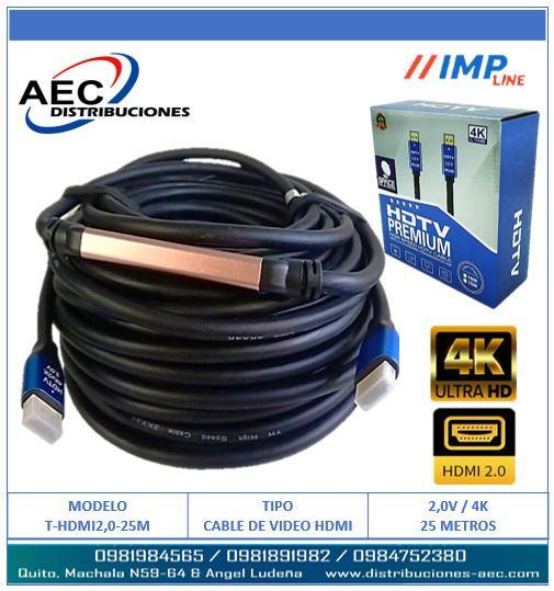 CABLE HDMI MACHO A MACHO V2.0 4K FULL HD PUNTAS AZULES 25 METROS CON CHIP ALTA VELOCIDAD
