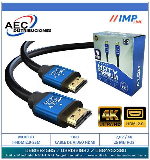 CABLE HDMI MACHO A MACHO V2.0 4K FULL HD PUNTAS AZULES 25 METROS CON CHIP ALTA VELOCIDAD - Imagen 2