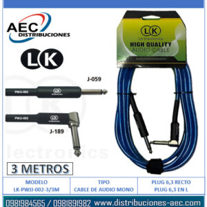 CABLE DE AUDIO MONOFONICO PLUG 1/4 RECTO A PLUG 1/4 EN L  3 METROS COLOR AZUL