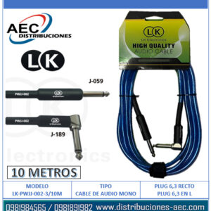 CABLE DE AUDIO MONOFONICO PLUG 1/4 RECTO A PLUG 1/4 EN L 10 METROS COLOR AZUL