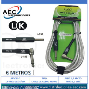 CABLE DE AUDIO MONOFONICO PLUG 1/4 RECTO A PLUG 1/4 EN L 6 METROS COLOR PLATEADO