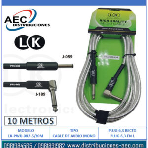 CABLE DE AUDIO MONOFONICO PLUG 1/4 RECTO A PLUG 1/4 EN L 10 METROS COLOR PLATEADO