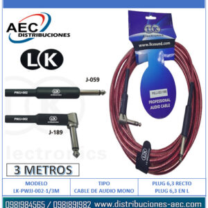 CABLE DE AUDIO MONOFONICO PLUG 1/4 RECTO A PLUG 1/4 EN L 3 METROS COLOR ROJO