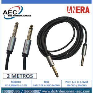 CABLE DE AUDIO 6.3MM MONOFONICO 1/4 DE PULGADA MACHO A MACHO 2 METROS AL SHELL