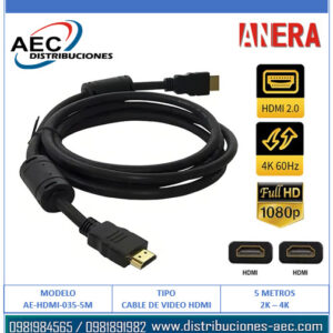 CABLE HDMI A HDMI MACHO 5 METROS VERSION 2.0 FULL HD 1080P 4K