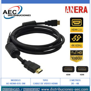 CABLE HDMI A HDMI MACHO 3 METROS VERSION 2.0 FULL HD 1080P 4K