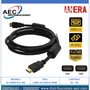CABLE HDMI A HDMI MACHO 2 METROS VERSION 2.0 FULL HD 1080P 4K