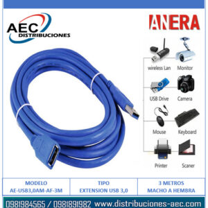 CABLE EXTENSIÓN USB 3.0 MACHO A HEMBRA 3 METROS COLOR AZUL
