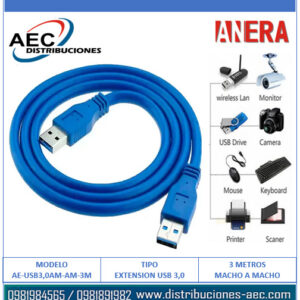 EXTENSIÓN USB 3.0 MACHO A MACHO 3 METROS COLOR AZUL