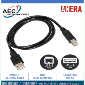 CABLE USB 2.0 TIPO AB PARA IMPRESORA 1.80 METROS COLOR NEGRO