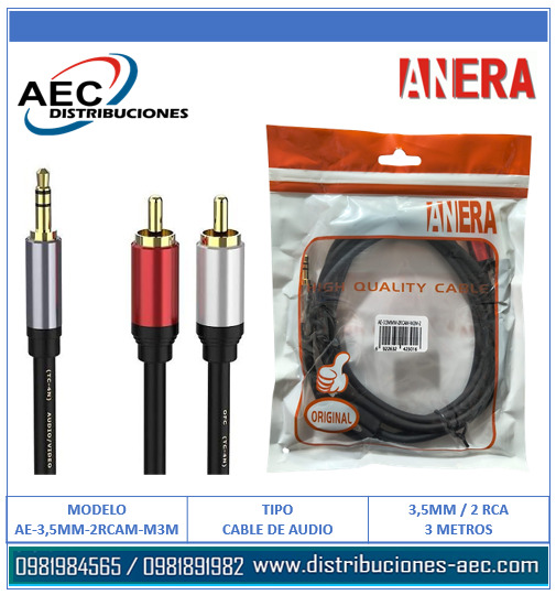 CABLE DE AUDIO 3.5MM MACHO A 2 RCA MACHO 3 METROS PROFESIONAL - Imagen 3
