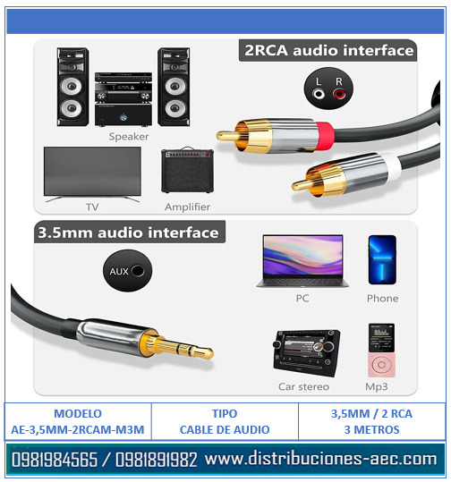 CABLE DE AUDIO 3.5MM MACHO A 2 RCA MACHO 3 METROS PROFESIONAL - Imagen 2