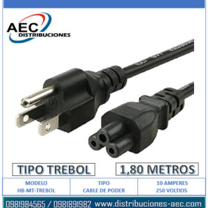 CABLE DE PODER TIPO TREBOL 1.80 METROS 3 HILOS COLOR NEGRO