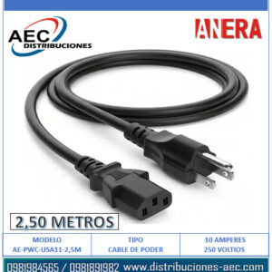CABLE DE PODER GRUESO POLARIZADO 3 PATAS PARA PC ( 10A / 250V) 2.50 METROS