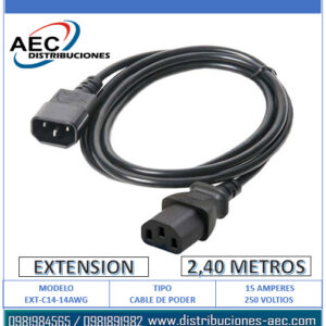CABLE EXTENSIÓN DE PODER C13 A C14 MACHO A HEMBRA 2.40 METROS 14AWG
