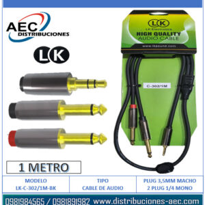 CABLE DE AUDIO PLUG 3.5MM ESTÉREO MACHO A 2 PLUG 1/4 MONOFONICO MACHO 1 METRO LK