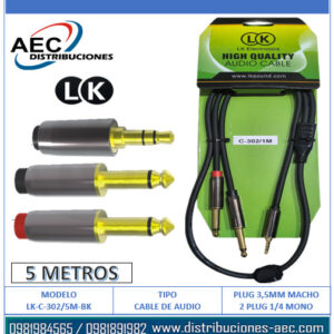 CABLE DE AUDIO PLUG 3.5MM ESTÉREO MACHO A 2 PLUG 1/4 MONOFONICO MACHO 5 METROS LK