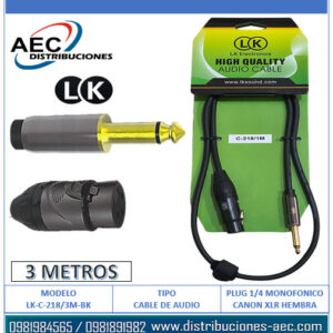 CABLE DE AUDIO PLUG 1/4 MONOFONICO MACHO A CANON XLR HEMBRA 3 METROS LK
