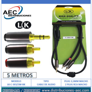 CABLE DE AUDIO PLUG 3.5MM ESTEREO MACHO A 2 PLUG RCA MACHO 5 METROS LK