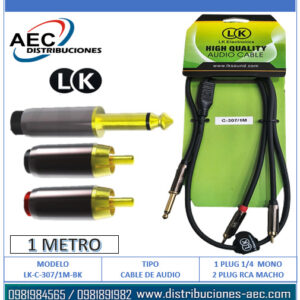 CABLE DE AUDIO PLUG 1/4 MONOFONICO MACHO A 2 PLUG RCA MACHO 1 METRO LK