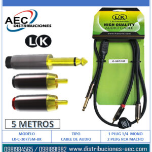 CABLE DE AUDIO PLUG 1/4 MONOFONICO MACHO A 2 PLUG RCA MACHO 5 METROS LK