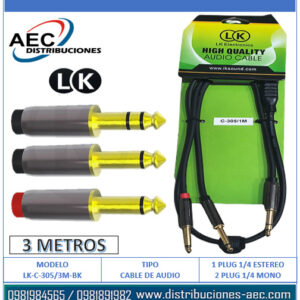 CABLE DE AUDIO PLUG 1/4 ESTÉREO MACHO A 2 PLUG 1/4 MONOFONICO MACHO 3 METROS LK