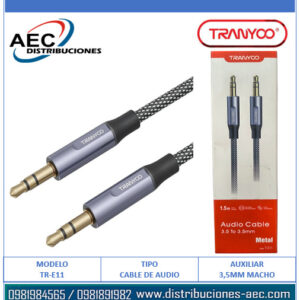 CABLE DE AUDIO AUXILIAR PLUG 3.5MM ESTÉREO MACHO A MACHO 1.50 METROS TRENZADO TRANYOO
