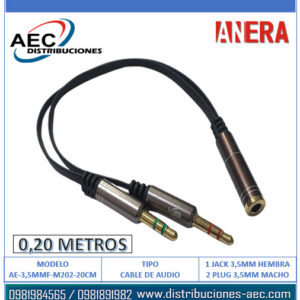CABLE ADAPTADOR DE AUDIO 2 PLUG 3.5MM ESTÉREO MACHO A 1 JACK 3.5MM HEMBRA