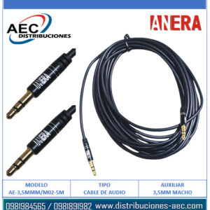CABLE DE AUDIO AUXILIAR PLUG 3.5MM ESTÉREO MACHO A MACHO 5 METROS NEGRO
