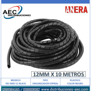 ORGANIZADOR O PROTECTOR CUBRE CABLES TIPO ESPIRAL 12MM X 10 METROS COLOR NEGRO