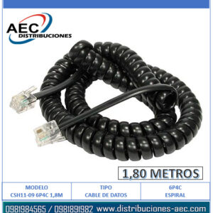 CABLE TELEFÓNICO EN ESPIRAL CONECTORES RJ11 COLOR NEGRO 1.80 METROS