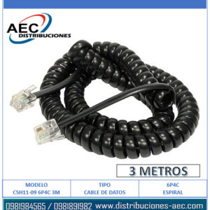 CABLE TELEFÓNICO EN ESPIRAL CONECTORES RJ11 COLOR NEGRO 3 METROS