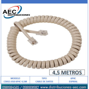 CABLE TELEFÓNICO EN ESPIRAL CONECTORES RJ11 COLOR BEIGE 4.5 METROS