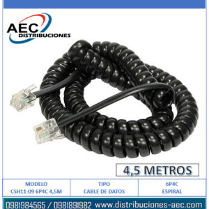 CABLE TELEFÓNICO EN ESPIRAL CONECTORES RJ11 COLOR NEGRO 4.5 METROS